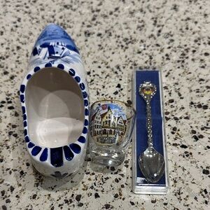 Vintage Delft Clog W/ Shot Glass & Spoon Set